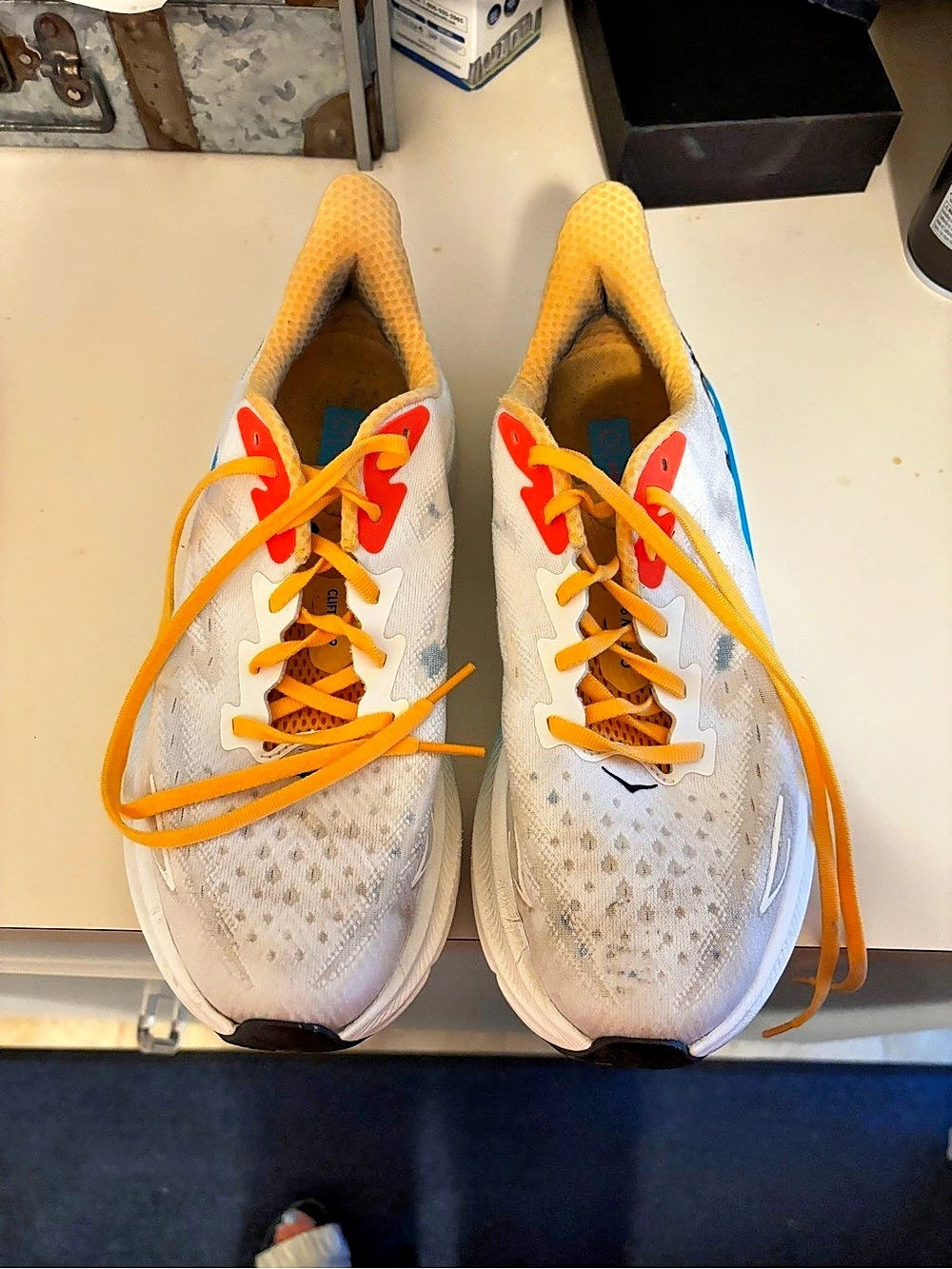 HOKA Clifton 9 Athletic Running Shoes White & Blue women’s size 9